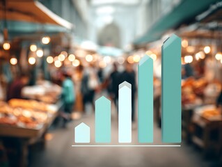 Growth Chart Overlay on Busy Market Scene with Bokeh Effect