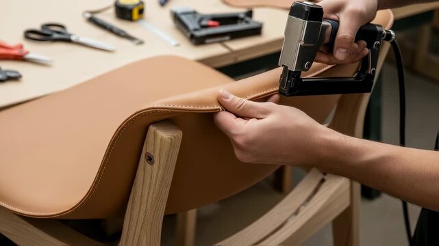 Man upholstering chair seat with leather using stapler. Furniture making industry, professional artisan craftsmanship process footage.