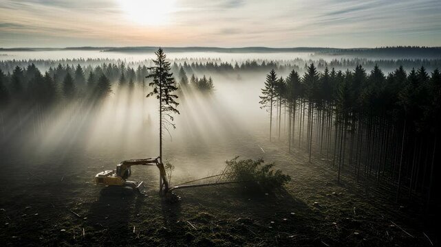 Timber harvester cutting a tree in a foggy forest clearing at sunrise, industrial logging operation for wood production footage.