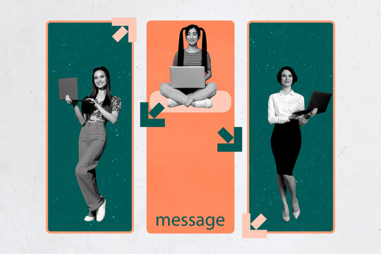 Trend artwork composite 3D photo collage design of company three businesswoman stand sit hold laptop chat virtual internet netbook laptop