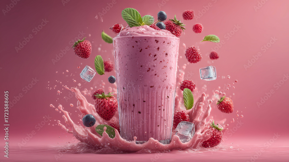 Poster a pink background with a strawberry smoothie in a glass with ice and raspberries. the smoothie is sp