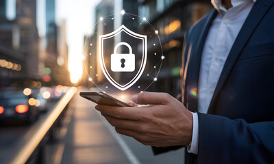 Stay secure online with modern mobile security on smartphone in city center