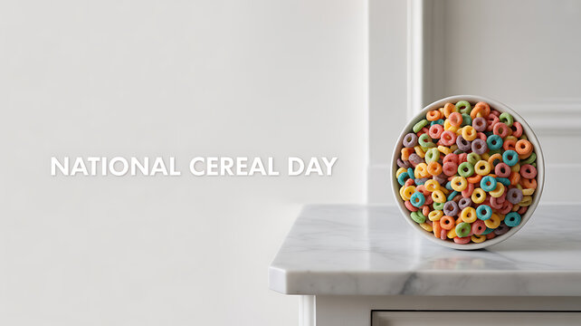 A bowl of colorful ring-shaped cereal on a marble countertop celebrating National Cereal Day