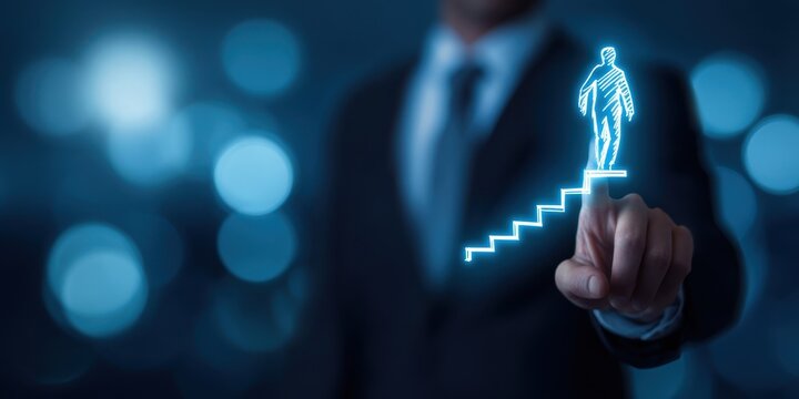 The business professional illustrates progress on a stairway to success.