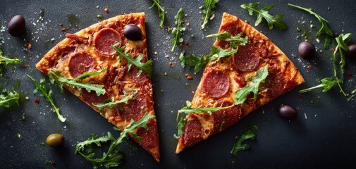 The delicious pepperoni pizza slices garnished with fresh arugula and olives.