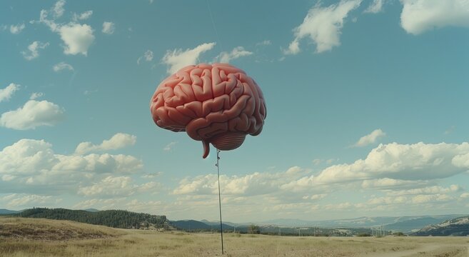A large, inflatable brain-shaped balloon floats against a scenic backdrop of a partly cloudy sky and rolling hills