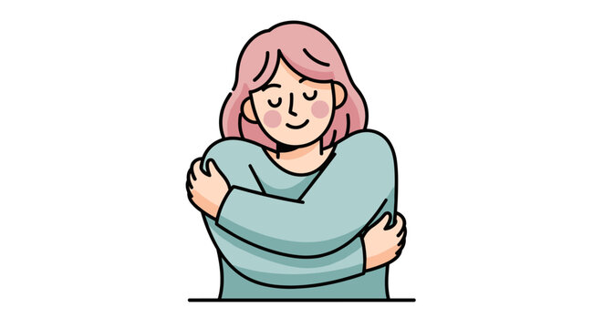 This charming illustration depicts a peaceful woman with pink hair gently hugging herself, embodying concepts of self-care and emotional well-being.