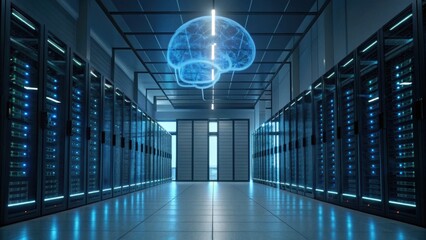 A modern server room featuring advanced technology, with a holographic brain representation hovering above the rows of servers, symbolizing intelligence and data processing.