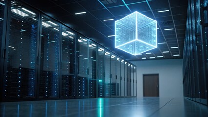 A futuristic data center featuring server racks and a glowing holographic cube, representing advanced technology and digital infrastructure.