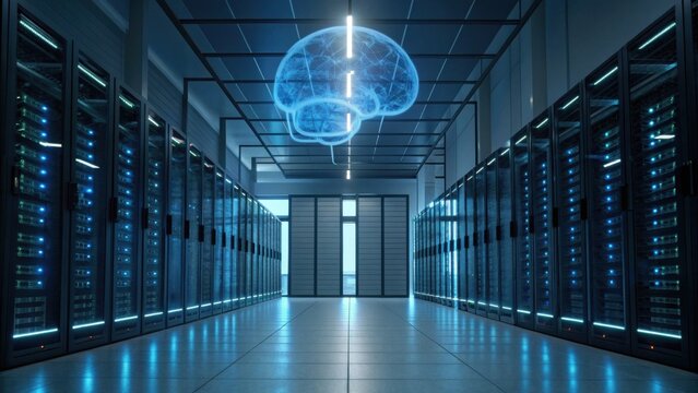 A modern server room featuring advanced technology, with a holographic brain representation hovering above the rows of servers, symbolizing intelligence and data processing.