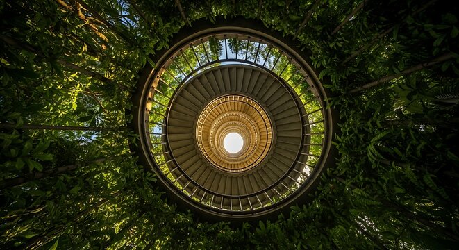Circular Staircase Surrounded by Lush Greenery. - Powered by Adobe