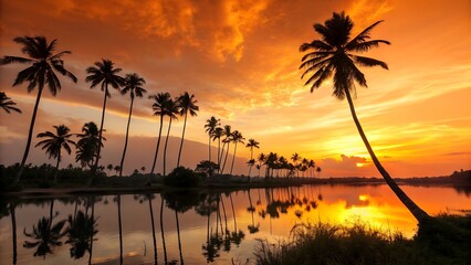 Vibrant orange and yellow sunset over a tranquil tropical lagoon with numerous palm trees silhouetted against the sky, their reflections visible in the calm water.