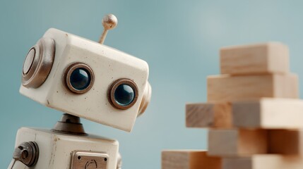 Vintage Robot Toy Beside Wooden Blocks on Blue Background