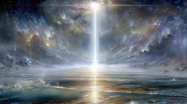 Cosmic Cityscape With Radiant Pillar