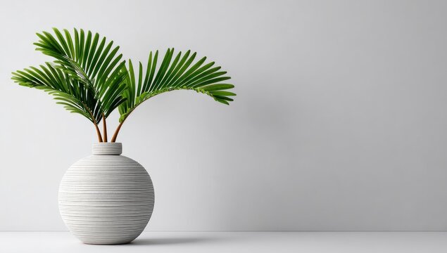 Minimalist image of a spherical, textured vase holding several palm fronds against a plain white backdrop