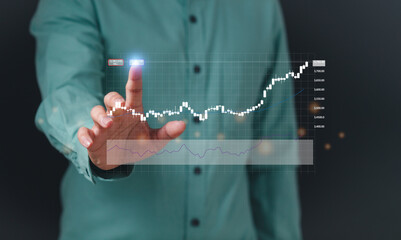 Man analyzing a rising stock and gold market graph on a digital device, symbolizing investment, growth and business success.