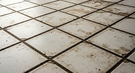 Grungy tile floor texture showing neglect and wear for aged backgrounds or surfaces