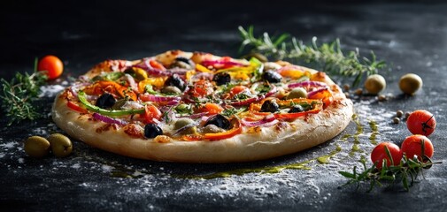The vibrant pizza topped with fresh vegetables and aromatic herbs on a dark background.