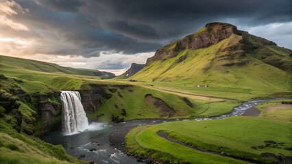 Majestic waterfall cascading down green hills under dramatic sky.