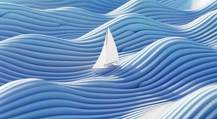 A minimalist digital rendering depicts a small white sailboat navigating stylized, flowing blue waves.  The waves are rendered with parallel lines creating a sense of depth and movement