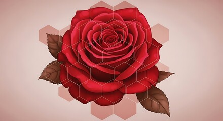 Digital Red Rose with Hexagonal Overlays Symbolizing Modern Floral Art