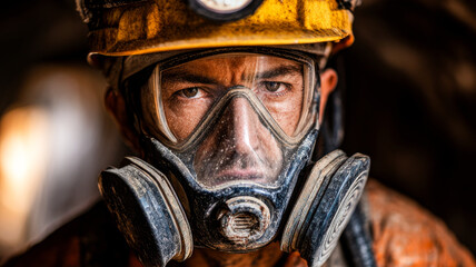Underground miner wearing protective gear, focused expression, dust covered face, safety helmet, and respirator
