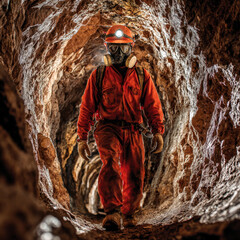 Mining engineer in red jumpsuit and safety gear walks through dimly lit underground tunnel, showcasing determination and focus