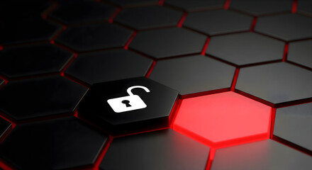 Unlock cybersecurity with vibrant open padlock on modern black and red pattern