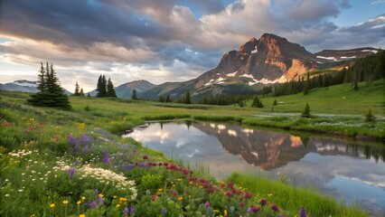 Majestic mountain landscape with a reflective pond, vibrant wildflowers, and dramatic clouds at sunrise or sunset.