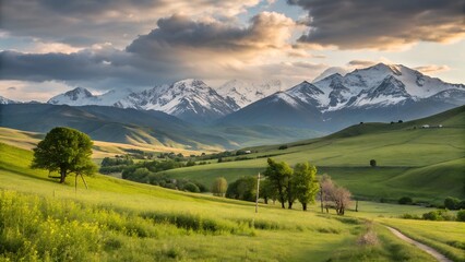 Vibrant landscape featuring rolling green hills, trees, a dirt path, and majestic snow-capped mountains under a cloudy sky.
