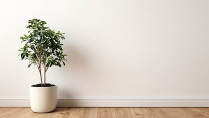 Fototapeta premium Minimalist indoor scene featuring a potted plant against a white wall and light wood floor. The image emphasizes simplicity and clean lines