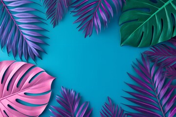 Fototapeta premium Vibrant Tropical Leaves Border on Teal Background