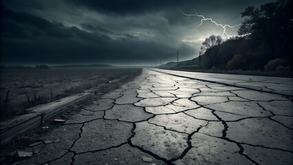 A dramatic cracked road stretches into the distance under a dark, stormy sky with a flash of lightning.