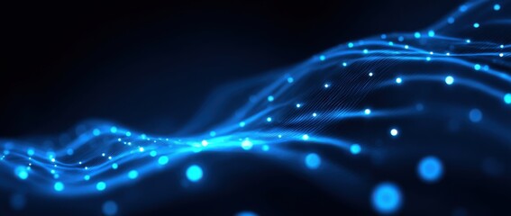 Abstract digital graphic of glowing, blue particles forming flowing, wavy lines on a dark background