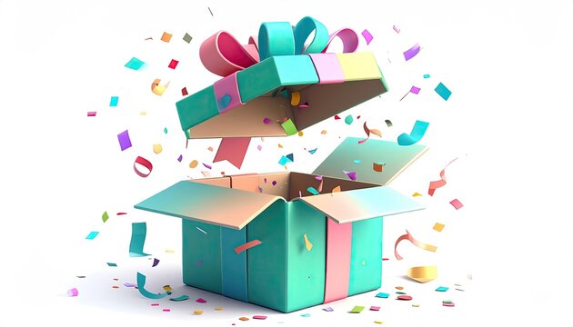 A pastel-colored gift box, open, with confetti bursting from it. The box has a ribbon and bow - Powered by Adobe