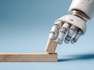 Robotic Hand Interacting with Wooden Block on Soft Blue Surface