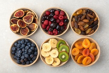 Assorted Dried Fruits and Nuts in Wooden Bowls – Healthy Snack Mix