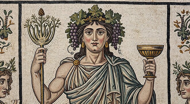 Ancient Roman Mosaic Depicting Bacchus God of Wine and Festivity.