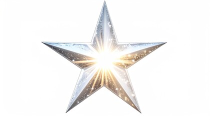 A radiant, five-pointed star, metallic in texture, with a bright light emanating from its center, set against a pure white background