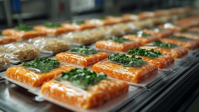 Seafood Packaging Display: Freshly prepared salmon portions meticulously arranged, showcasing culinary artistry and a spectrum of textures and hues. 