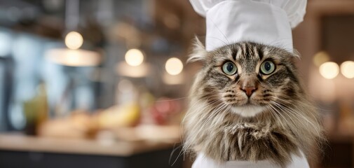 The cat dressed as a chef in a cozy kitchen setting.