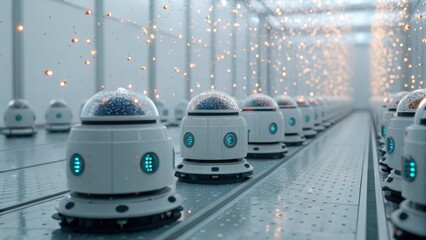 A futuristic scene featuring multiple small robots with glowing elements, arranged in a high-tech environment, surrounded by floating particles.