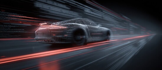 Fototapeta premium Futuristic Wireframe Car Speeding Through Digital Highway