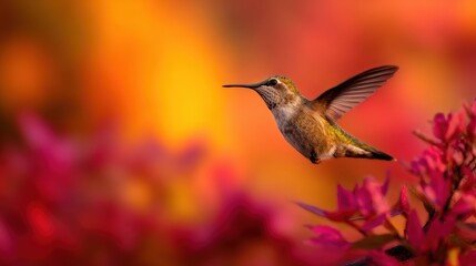 Fototapeta premium A vibrant hummingbird hovering gracefully among colorful flowers in a lush garden setting