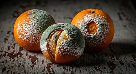 Decayed citrus fruits, illustrating fungal decay and time effect on produce