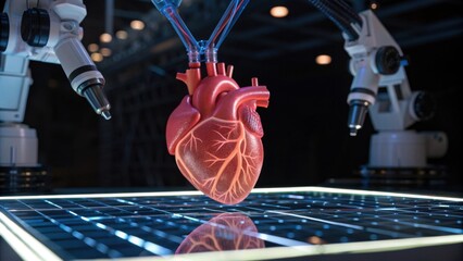 A robotic arm delicately holds an artificial heart, showcasing a blend of technology and biomedical innovation in a futuristic setting.