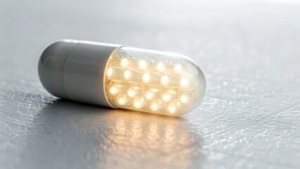 A modern capsule-shaped light fixture emitting bright LEDs, lying on a textured surface, showcasing a sleek and innovative design.