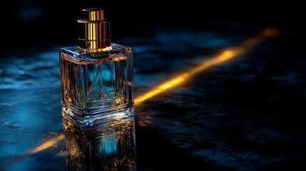Perfume bottle on glossy black surface with golden rim light, dramatic spotlight