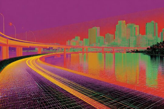 A vibrant, stylized cityscape view. A highway curves along a waterway, beneath elevated roadways. Buildings in the distance are rendered in an abstract, colorful manner, reflecting - Powered by Adobe