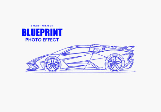 Car Technical Drawing Blueprint Photo Effect Mockup